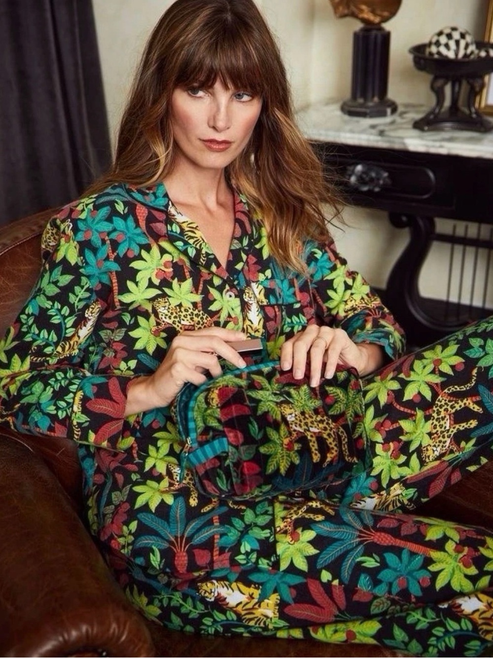 PrintFresh Big Cat Energy Long Sleep Set Pajamas Queen Of The Jungle Boho L Cats